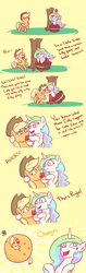 Size: 1336x4209 | Tagged: safe, artist:poptart36, applejack, princess celestia, alicorn, earth pony, pony, g4, apple, apple basket, appul, banana magic, comic, dialogue, duo, food, hilarious in hindsight, inanimate tf, majestic as fuck, no pupils, orange, orangejack, orangified, tasty fruit, transformation, trollestia, wat, wtf