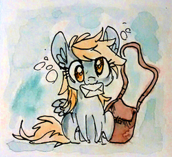 Size: 364x333 | Tagged: safe, artist:nekobite, derpy hooves, pegasus, pony, g4, cute, derpabetes, female, letter, mail, mailbag, mare, mouth hold, solo, traditional art, watercolor painting