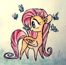 Size: 348x343 | Tagged: safe, artist:nekobite, fluttershy, butterfly, g4, female, solo, traditional art, watercolor painting