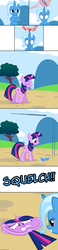 Size: 1500x6500 | Tagged: safe, artist:navitaserussirus, trixie, twilight sparkle, pony, unicorn, g4, abuse, balloon, balloon popping, butt, cartoon physics, crushed, female, flattened, floating, flying, lesbian, party balloon, plot, prank, pranked, ship:twixie, shipping, squish, squished, trixdom, twilybuse, unicorn twilight, voodoo, voodoo doll