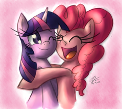 Size: 2872x2550 | Tagged: safe, artist:leadhooves, pinkie pie, twilight sparkle, earth pony, pony, unicorn, g4, cute, diapinkes, female, happy, high res, hug, lesbian, one eye closed, ship:twinkie, shipping, twiabetes