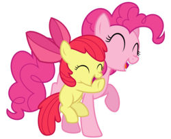 Size: 8192x6652 | Tagged: safe, artist:thatguy1945, apple bloom, pinkie pie, earth pony, pony, g4, pinkie apple pie, absurd resolution, adorabloom, cute, diapinkes, duo, duo female, eyes closed, female, filly, foal, hug, mare, open mouth, open smile, raised hoof, simple background, smiling, teeth, transparent background, vector
