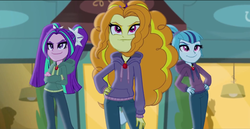 Size: 1366x703 | Tagged: safe, screencap, adagio dazzle, aria blaze, sonata dusk, equestria girls, g4, my little pony equestria girls: rainbow rocks, clothes, confident, diner, gem, hoodie, jewelry, mirrored, necklace, outdoors, pendant, pigtails, ponytail, siren gem, smiling, smug, the dazzlings, trio, twintails, youtube link