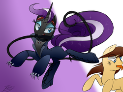 Size: 1120x836 | Tagged: safe, artist:supermare, nightmare rarity, earth pony, pony, g4, catwoman, kick, tongue out, whip