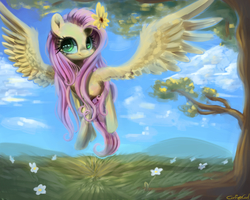 Size: 2500x2000 | Tagged: safe, artist:carligercarl, fluttershy, g4, female, flower in hair, high res, smiling, solo, spread wings