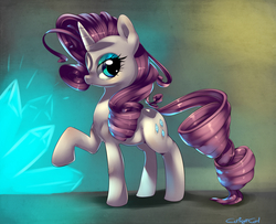 Size: 2036x1657 | Tagged: safe, artist:carligercarl, rarity, pony, unicorn, g4, crystal, cyan light, female, looking at you, mare, raised hoof, solo