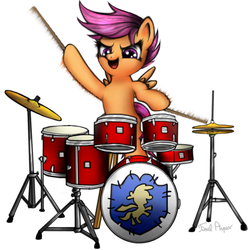 Size: 1000x1000 | Tagged: safe, artist:finalaspex, scootaloo, pegasus, pony, g4, cutie mark crusaders patch, drums, drumsticks, female, filly, hoof hold, musical instrument, open mouth, simple background, solo, white background