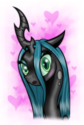 Size: 635x945 | Tagged: dead source, safe, artist:freyiejj, queen chrysalis, changeling, changeling queen, g4, blushing, female, heart, looking at you, solo