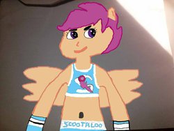 Size: 800x600 | Tagged: safe, artist:shafty817, scootaloo, fighting is magic, equestria girls, g4, 1000 hours in ms paint, belly button, boxing, boxing bra, boxing shorts, clothes, eared humanization, exeron fighters, fight, humanized, midriff, ms paint, ponied up, scootaloo dash, shorts, sports bra