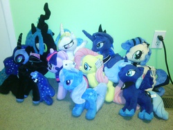 Size: 2592x1944 | Tagged: safe, fluttershy, nightmare moon, princess celestia, princess luna, queen chrysalis, trixie, twilight sparkle, oc, oc:milky way, pony, g4, 4de, bootleg, collection, customized toy, female, filly, irl, mare, photo, plushie, s1 luna, woona