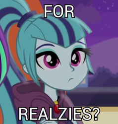 Size: 427x448 | Tagged: safe, edit, edited screencap, screencap, aria blaze, sonata dusk, equestria girls, g4, my little pony equestria girls: rainbow rocks, bust, caption, catchphrase, clothes, crossed arms, cute, female, for real, for realzies, frown, gem, high ponytail, image macro, long hair, looking at you, meme, meme origin, ponytail, siren gem, solo focus, sonatabetes, youtube link