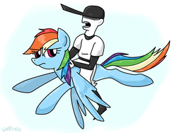 Size: 1280x960 | Tagged: safe, artist:wafflemilu, rainbow dash, human, g4, crossover, off, riding, the batter