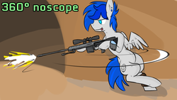 Size: 960x540 | Tagged: safe, artist:plain, oc, oc only, oc:sapphire sights, fallout equestria, 360 noscope, back twist, barrett 98b, flexible, gun, hax, holster, m98b, pipbuck, rifle, shooting, sniper