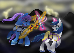 Size: 1024x745 | Tagged: safe, artist:1231redflame, shining armor, oc, oc:azure night, g4, fight, sword