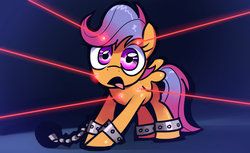 Size: 1608x987 | Tagged: safe, artist:gsphere, scootaloo, pegasus, pony, g4, ball and chain, chains, d:, female, imminent death, jail, laser, open mouth, prison, prisoner, shackles, shocked, solo, surprised, tongue out, wide eyes