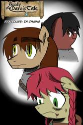 Size: 1200x1800 | Tagged: safe, artist:thethunderpony, oc, oc only, oc:gavel sternbroad, oc:roya neighvarre, oc:seedy scrolls, a seedy mare's tale, cloak, clothes, comic, title page