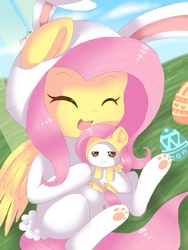 Size: 768x1024 | Tagged: safe, artist:xangelheartx, angel bunny, fluttershy, g4, :3, :t, bunny costume, bunnyshy, clothes, costume, cute, duo, easter, easter egg, eyes closed, female, fluttershy suit, hilarious in hindsight, open mouth, paw gloves, paw pads, paw prints, pony costume, shyabetes, solo