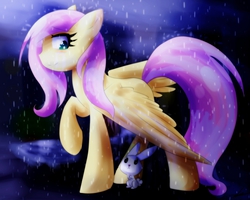 Size: 2500x2000 | Tagged: safe, artist:usagiixd, angel bunny, fluttershy, g4, female, high res, rain, solo