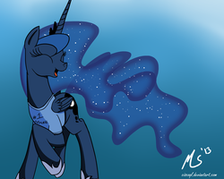 Size: 1000x800 | Tagged: safe, artist:ciscoql, princess luna, g4, eyes closed, female, magic shirt, raised hoof, smiling, solo