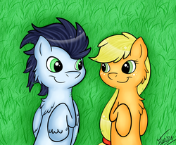 Size: 2562x2106 | Tagged: safe, artist:vigilantefreak, applejack, soarin', g4, female, grass, hatless, high res, looking at each other, male, missing accessory, on back, ship:soarinjack, shipping, smiling, straight