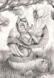 Size: 600x855 | Tagged: safe, artist:dearmary, oc, oc only, oc:even, bird, owl, forest, grass, gray, monochrome, pencil drawing, pony-owl, solo, traditional art, writer