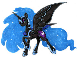 Size: 1024x765 | Tagged: safe, artist:jenkiwi, nightmare moon, alicorn, pony, g4, female, mare, raised hoof, simple background, solo, spread wings, traditional art, white background