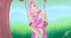 Size: 1024x554 | Tagged: safe, artist:mrscurlystyles, fluttershy, anthro, g4, blushing, cleavage, clothes, cute, dress, female, grass, pony coloring, shoes, solo, swing, tree, water