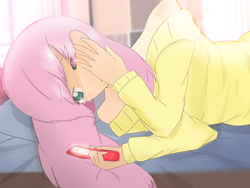 Size: 2048x1536 | Tagged: safe, artist:orz1515, fluttershy, human, g4, bed, bedroom, cellphone, clothes, crying, humanized, lying, off shoulder, on side, phone, sad, sweater, sweatershy