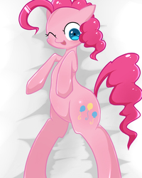 Size: 800x1000 | Tagged: safe, artist:anko, pinkie pie, g4, cute, diapinkes, featureless crotch, female, lying down, on back, one eye closed, open mouth, pixiv, solo, wink
