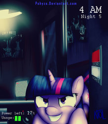 Size: 1600x1829 | Tagged: safe, artist:pshyzomancer, twilight sparkle, five nights at aj's, g4, cute, evil smile, female, five nights at freddy's, looking at you, pure unfiltered evil, solo, twiabetes, twibon