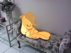 Size: 2048x1536 | Tagged: safe, artist:teiptr, artist:tokkazutara1164, applejack, earth pony, pony, g4, candle, couch, irl, photo, plant, ponies in real life, sleeping, solo, table, vector