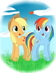 Size: 781x1023 | Tagged: safe, artist:begomiku, applejack, rainbow dash, g4, female, heart, lesbian, ship:appledash, shipping