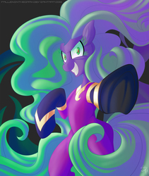 Size: 1690x2000 | Tagged: safe, artist:falleninthedark, mane-iac, g4, power ponies (episode), female, looking at you, pointing, smiling, smirk, solo, underhoof