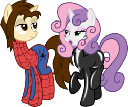 Size: 8967x7500 | Tagged: safe, artist:mactavish1996, artist:zoevulpez, sweetie belle, pony, unicorn, spiders and magic: rise of spider-mane, g4, absurd resolution, adult, bedroom eyes, catsuit, clothes, crossover, eye contact, female, future, male, mare, older, older sweetie belle, open mouth, peter parker, ponified, raised hoof, raised leg, simple background, smiling, spider-man, spiders and magic iii: days of friendship past, stallion, suit, transparent background, vector