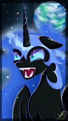 Size: 1836x3264 | Tagged: safe, artist:herusann, nightmare moon, alicorn, pony, g4, ethereal mane, fangs, female, floppy ears, helmet, mare, open mouth, outdoors, planet, solo, space, starry mane, stars