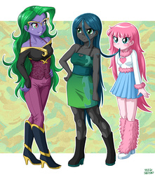 Size: 883x1000 | Tagged: safe, artist:uotapo, mane-iac, queen chrysalis, oc, oc:fluffle puff, human, equestria girls, g4, blushing, boots, clothes, equestria girls-ified, female, glasses, hand on hip, high heels, nibbling, nom, pants, shoes, skirt, smiling