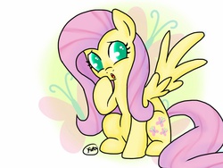 Size: 1024x768 | Tagged: safe, artist:kirby643, fluttershy, pegasus, pony, g4, cutie mark, cutie mark background, female, mare, open mouth, signature, sitting, solo