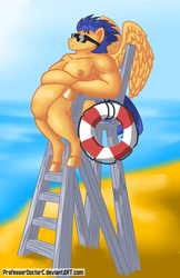 Size: 2752x4242 | Tagged: safe, artist:professordoctorc, flash sentry, anthro, unguligrade anthro, g4, arm hooves, beach, belly button, bhm, big belly, clothes, fat, flab sentry, male, morbidly obese, obese, solo, sunglasses, sweat, swimsuit