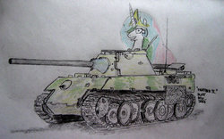 Size: 1024x640 | Tagged: safe, artist:blueboxdave, princess celestia, princess molestia, g4, female, grin, looking at you, panther (tank), panther ii, smiling, solo, tank (vehicle), wide eyes