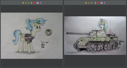 Size: 513x275 | Tagged: safe, artist:blueboxdave, screencap, allie way, princess celestia, derpibooru, princess molestia, g4, bowling ball, exploitable meme, juxtaposition, juxtaposition win, meme, meta, tank (vehicle), traditional art