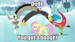 Size: 960x540 | Tagged: safe, edit, discord, fluttershy, g4, keep calm and flutter on, booger, image macro, meme, skating