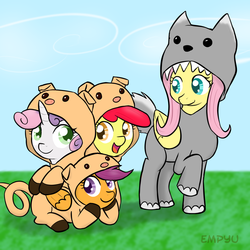 Size: 1000x1000 | Tagged: safe, artist:empyu, apple bloom, fluttershy, scootaloo, sweetie belle, earth pony, pegasus, pony, unicorn, animal costume, clothes, costume, cutie mark crusaders, pig costume, three little pigs, wolf costume