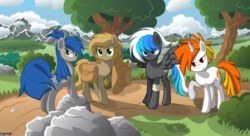 Size: 7160x3900 | Tagged: safe, artist:le-23, oc, oc only, oc:flame, oc:sapling, oc:skyline, oc:tsunami, earth pony, pegasus, pony, unicorn, bandage, group, hat, looking at you, mountain, saddle bag, tree