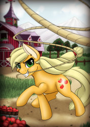 Size: 1024x1449 | Tagged: safe, artist:somnias, applejack, g4, action pose, apple, female, grin, lasso, looking at you, perspective, rope, running, smirk, solo