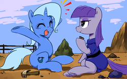 Size: 718x446 | Tagged: dead source, safe, artist:30clock, boulder (g4), maud pie, trixie, earth pony, pony, unicorn, g4, clothes, cloud, excited, eyes closed, female, hammer, happy, lesbian, mare, open mouth, rock, rock farm, ship:mauxie, shipping, sitting, sky, smiling, underhoof