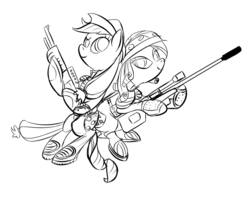 Size: 915x734 | Tagged: artist needed, safe, applejack, rarity, g4, gun, monochrome, weapon