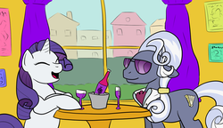 Size: 1146x661 | Tagged: safe, artist:lurks-no-more, hoity toity, rarity, earth pony, pony, unicorn, g4, bottle, day, eyes closed, female, glass, male, mare, open mouth, sitting, sunglasses, table, window, wine, wine bottle, wine glass