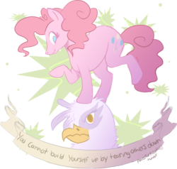 Size: 1280x1218 | Tagged: safe, artist:poniesforparents, gilda, pinkie pie, griffon, g4, griffon the brush off, angry, anti-bullying, dancing, message, moral, mouthpiece, positive ponies, scrunchy face, smiling, subversive kawaii