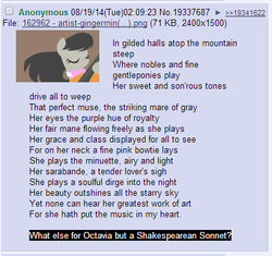 Size: 408x383 | Tagged: safe, octavia melody, g4, /mlp/, 4chan, 4chan screencap, poem, poetry, sonnet, text, william shakespeare