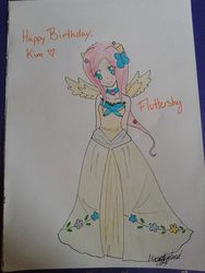 Size: 720x960 | Tagged: safe, artist:bourbonstjester, fluttershy, human, g4, clothes, dress, female, gala dress, humanized, solo, traditional art